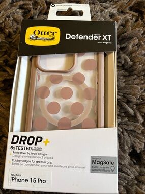 OtterBox Defender XT MagSafe Case for iPhone 15 Pro - Rose Gold Polka Dot. Mauve